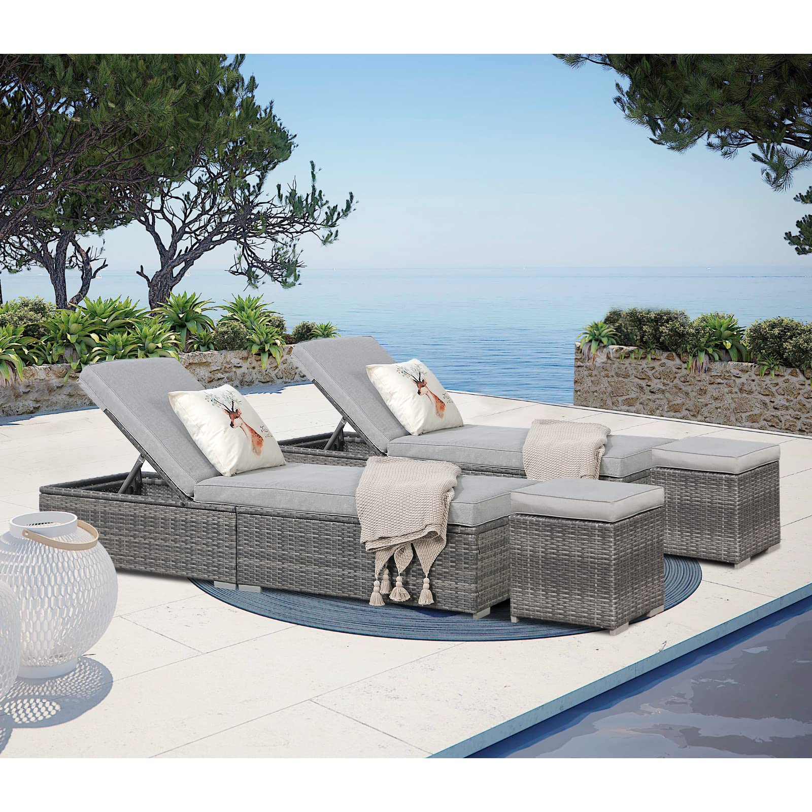 Patiorama 4 Piece Patio Furniture Set, Outdoor Chaise Lounge Chair with Ottoman, All-Weather Grey PE Wicker Rattan Conversation Set, Adjustable Reclining Chaise for Beach Balcony Pool, Light Grey