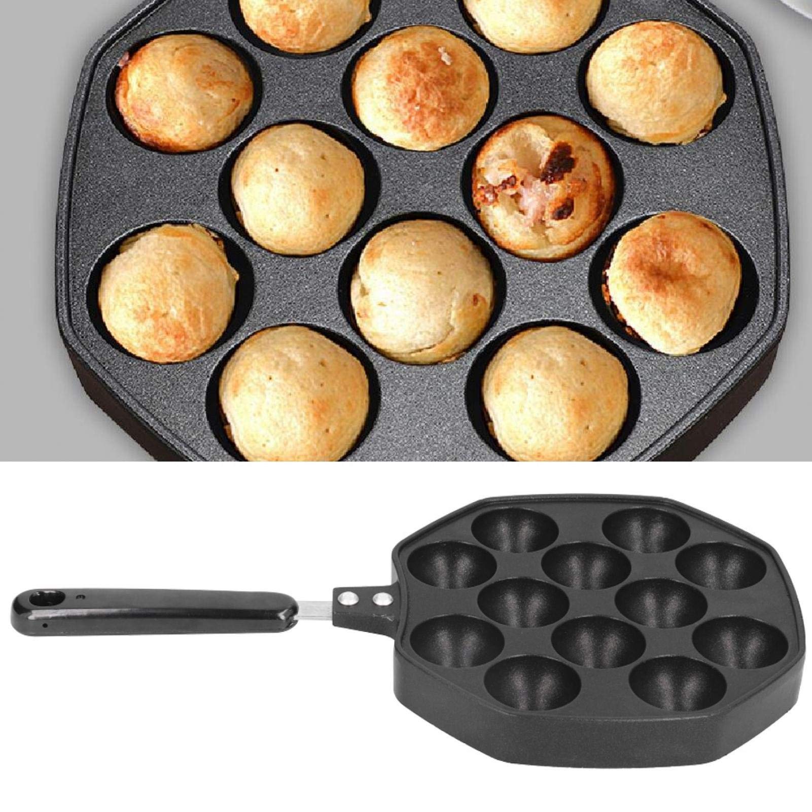 Joyzan Takoyaki Pan, 12 Hole Grill Cast Iron Maker Nonstick Aluminum Heavy Duty Cooking Octopus Meat Ball Plate Preseasoned Cookware Half Sphere Griddle with Handle Pancake Puff Home Electric Stovetop