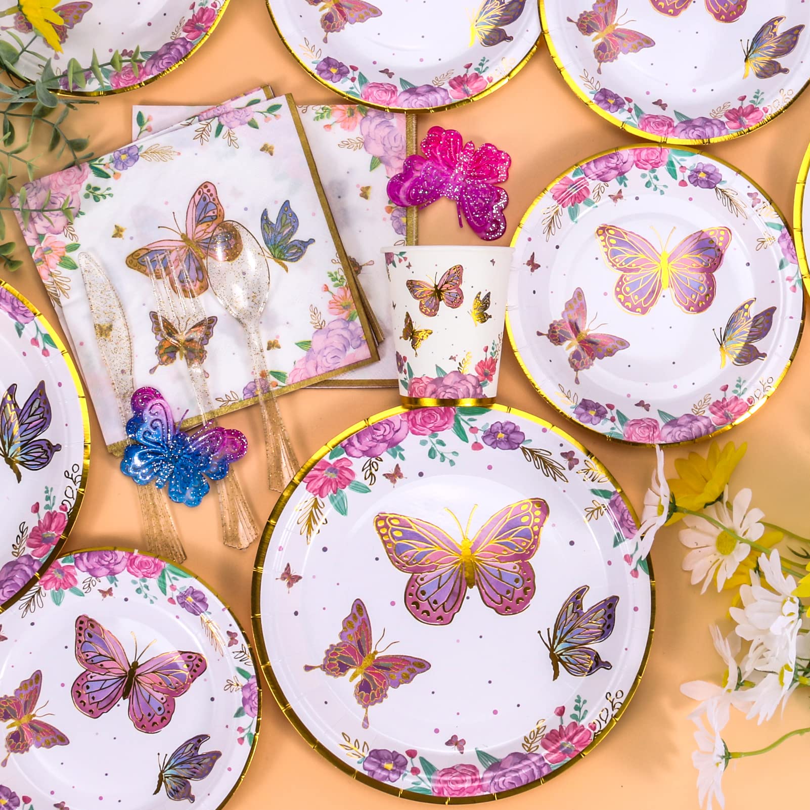 Decodinli Butterfly Party Supplies, Butterfly Birthday Party Decorations, Butterflies Plates and Napkins, Butterfly Fairy Themed Birthday Party, Baby shower Plates, Cups and Tableware Set Serves 20