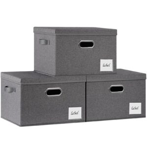 pffvrp large storage bins with lids, foldable fabric storage baskets with lids, sturdy storage boxes with labels and 3 handles for closet home bedroom office (grey)