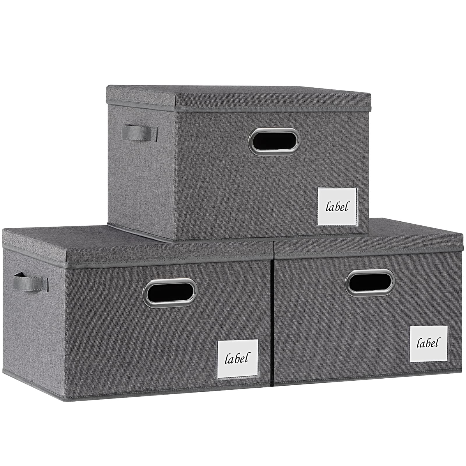 PFFVRP Large Storage Bins with Lids, Foldable Fabric Storage Baskets with Lids, Sturdy Storage Boxes with Labels and 3 Handles for Closet Home Bedroom Office (Grey)