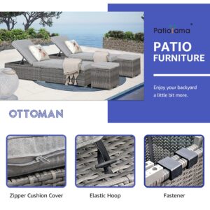 Patiorama 4 Piece Patio Furniture Set, Outdoor Chaise Lounge Chair with Ottoman, All-Weather Grey PE Wicker Rattan Conversation Set, Adjustable Reclining Chaise for Beach Balcony Pool, Light Grey