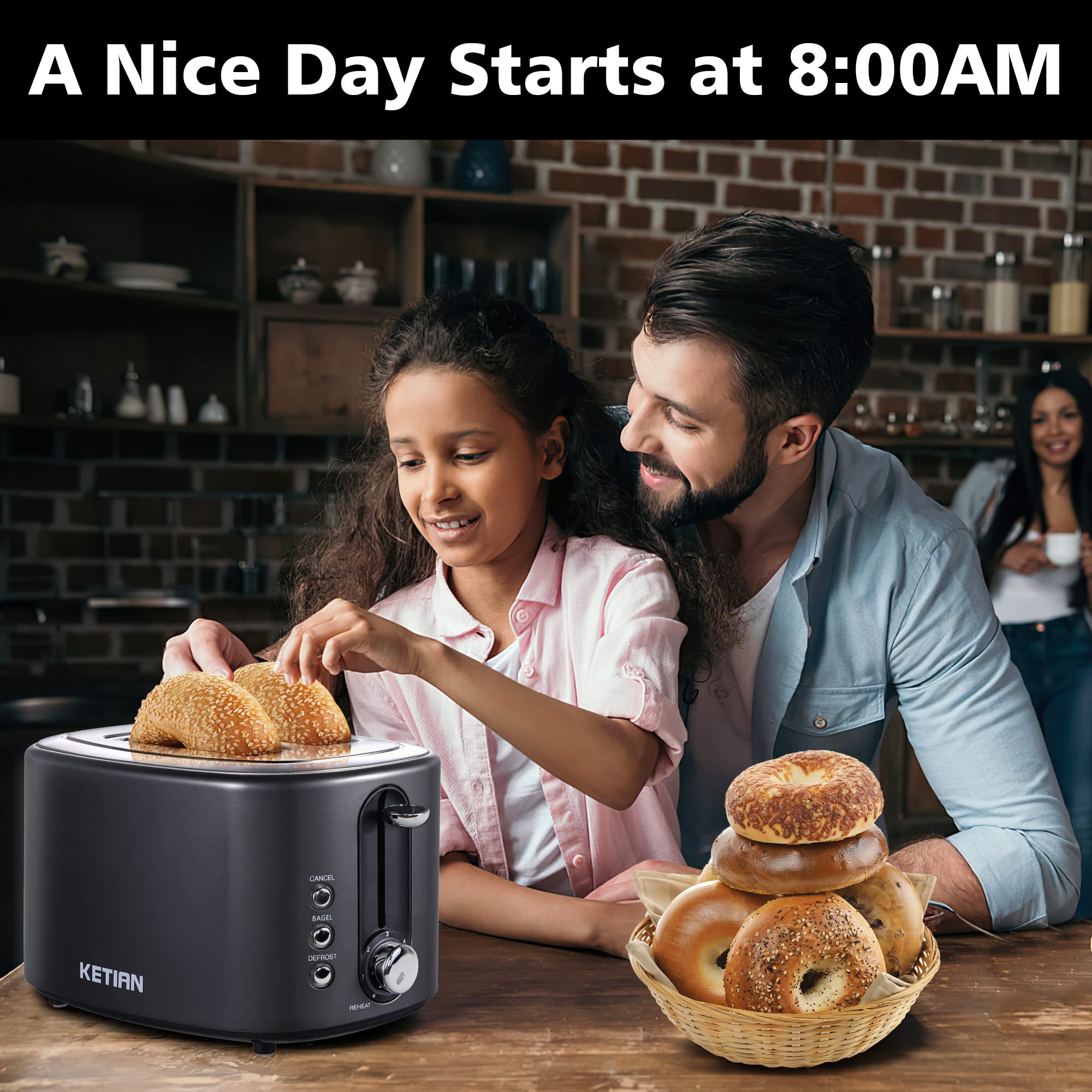 2 Slice Toaster with Cover,KETIAN Retro Stainless Steel Toasters,1.5'' Extra Wide Slot,Cancel Bagel Defrost Reheat Functions, 6 Toast Browning Settings, Removable Crumb Tray,Black