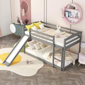 Low Bunk Beds Twin Over Twin Bunk Bed with Slide Wood Bed Frame for 2 Kids Boys Girls Teens, White