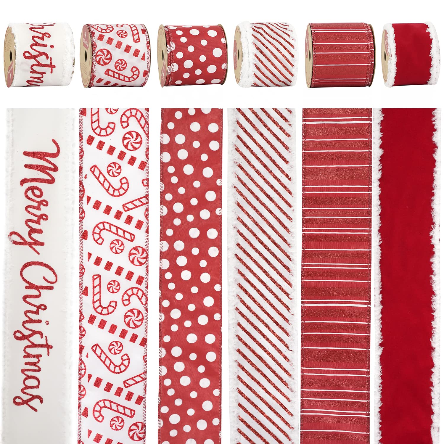 HUIHUANG Christmas Ribbon Wired Red Christmas Tree Ribbon 6 Rolls Red and White Ribbon Candy Cane Ribbon for Christmas Tree, Gift Wrapping, Wreath, Garland, Home Decor (2.5" Width, 36 Yards Total)