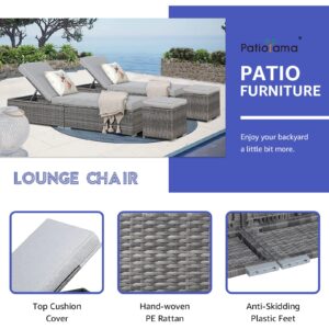 Patiorama 4 Piece Patio Furniture Set, Outdoor Chaise Lounge Chair with Ottoman, All-Weather Grey PE Wicker Rattan Conversation Set, Adjustable Reclining Chaise for Beach Balcony Pool, Light Grey