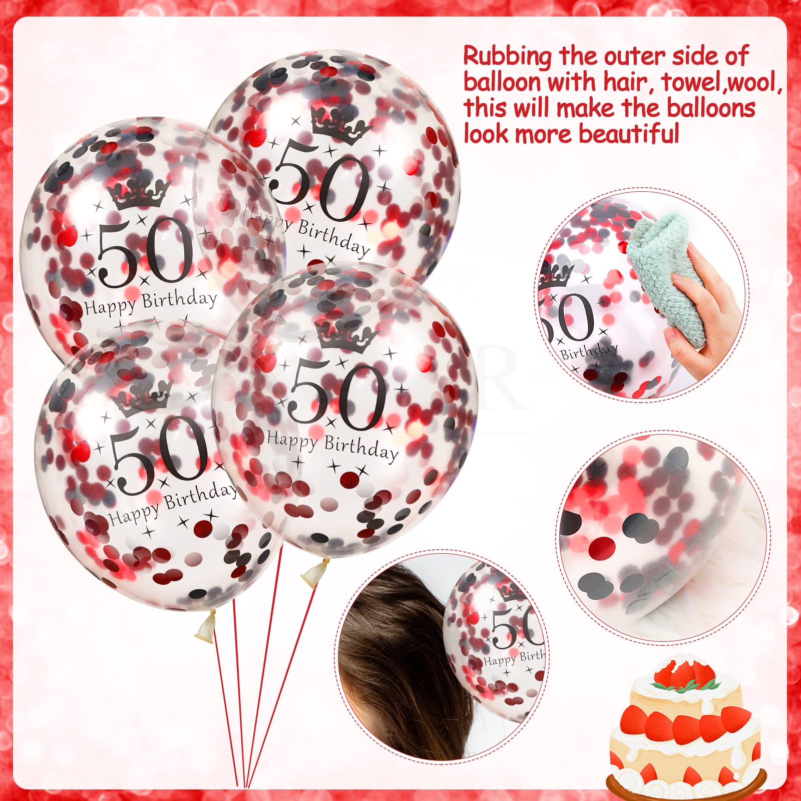 50th Latex Birthday Balloons, 16Pcs Red Black Happy 50th Birthday Balloons, Red Black 50th Birthday Party Decorations Balloons for Women Men 50th Birthday, Anniversary Decor