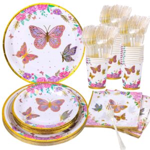 decodinli butterfly party supplies, butterfly birthday party decorations, butterflies plates and napkins, butterfly fairy themed birthday party, baby shower plates, cups and tableware set serves 20