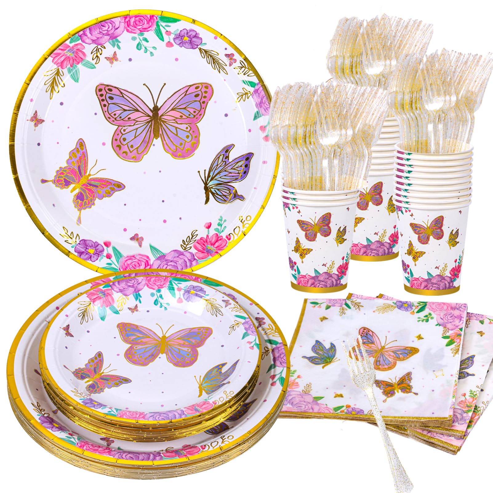 Decodinli Butterfly Party Supplies, Butterfly Birthday Party Decorations, Butterflies Plates and Napkins, Butterfly Fairy Themed Birthday Party, Baby shower Plates, Cups and Tableware Set Serves 20