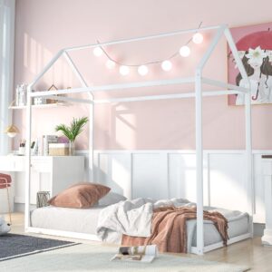 CITYLIGHT House Twin Bed for Kids, Metal Twin Platform Bed with Roof, Montessori Bed, Floor Bed for Kids Boys Girls,No Box Spring Needed(Twin, White)