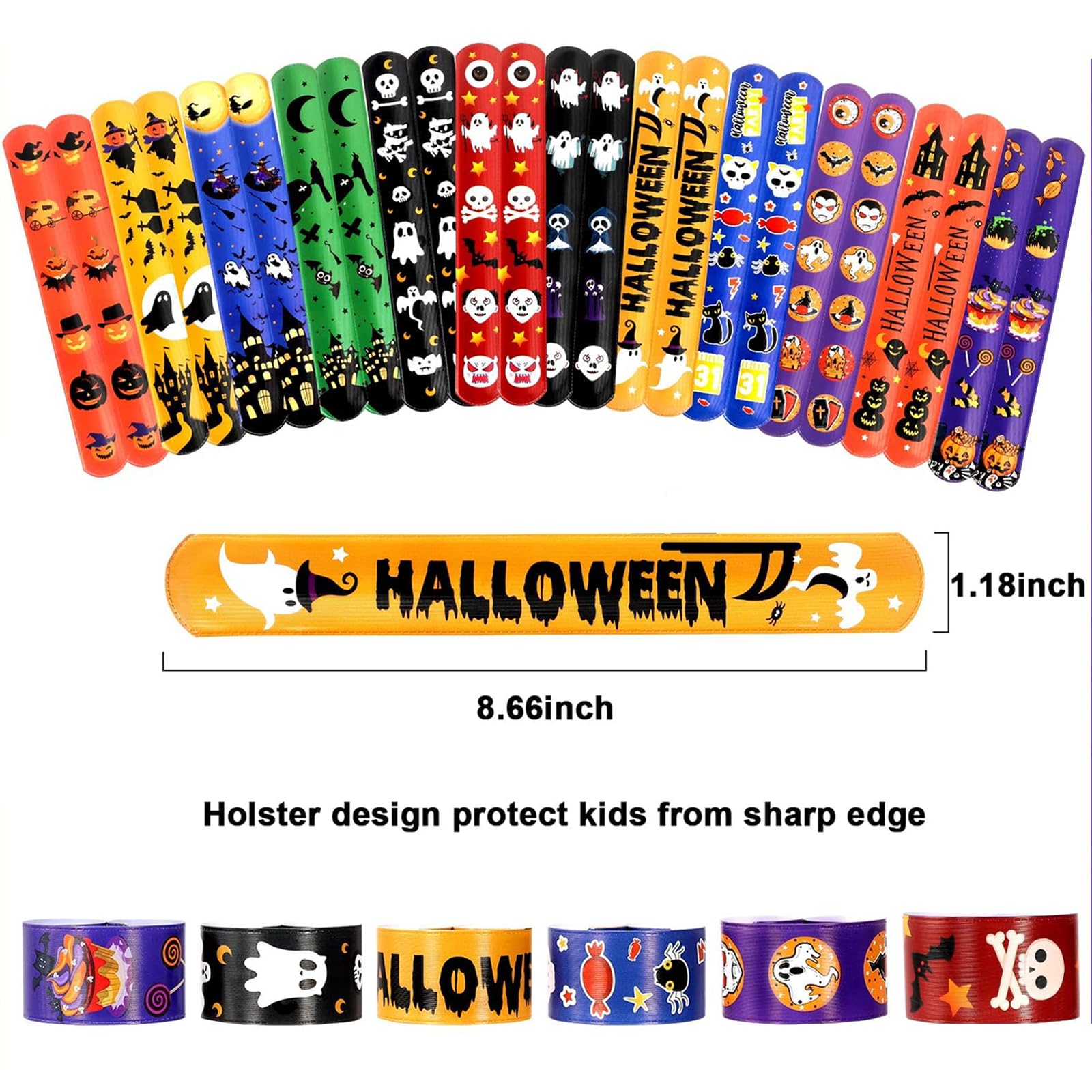 Garma 48Pcs Halloween Slap Bracelets Rubber Wristbands for Halloween Party favors, Kids Girls Boys Toddlers Halloween Gifts