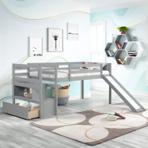 citylight twin loft bed with stairs and slide,wood kids loft bed with storage drawer and shelf,low junior loft bed frame with safety guardrails for girls, boys,no box spring needed,grey