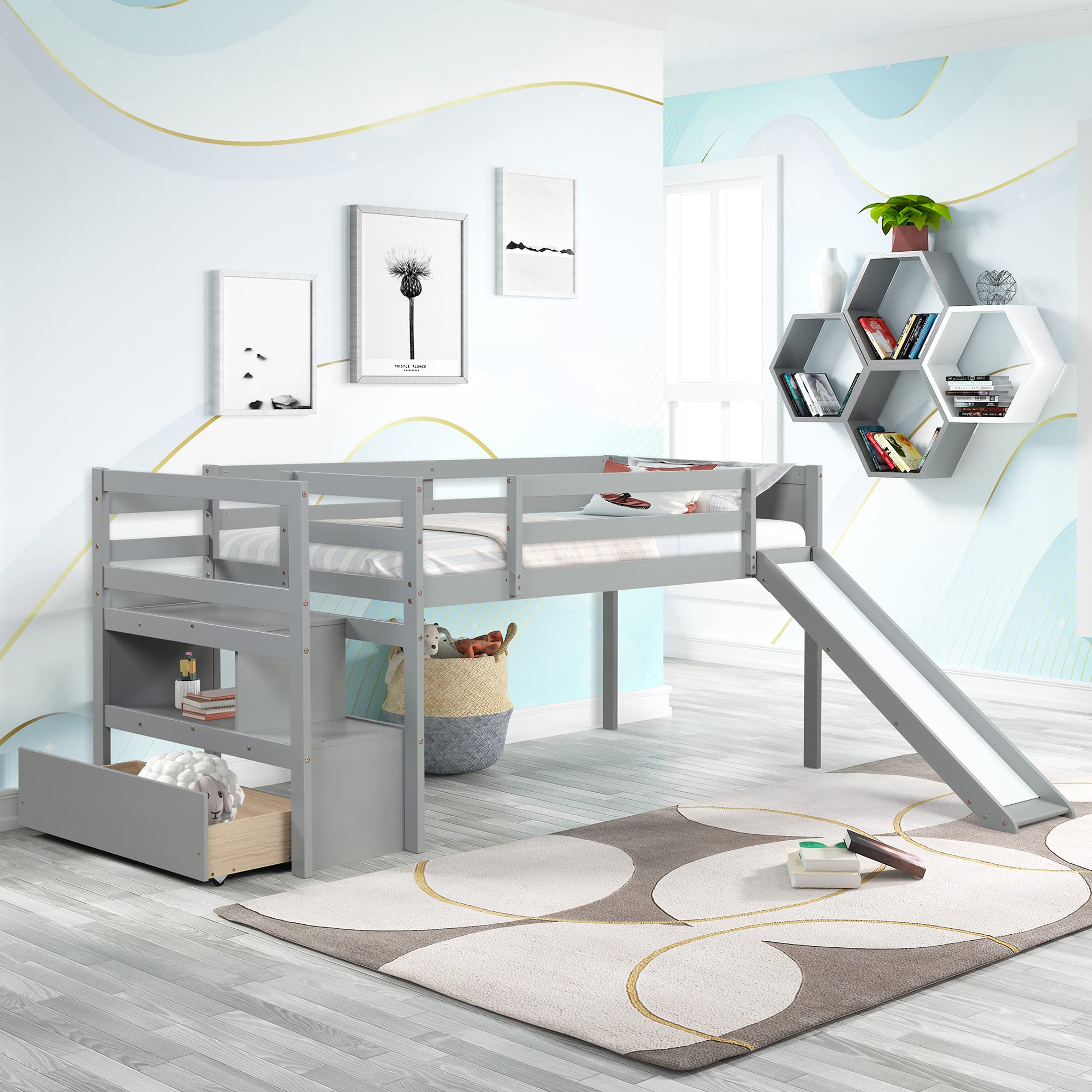 CITYLIGHT Twin Loft Bed with Stairs and Slide,Wood Kids Loft Bed with Storage Drawer and Shelf,Low Junior Loft Bed Frame with Safety Guardrails for Girls, Boys,No Box Spring Needed,Grey