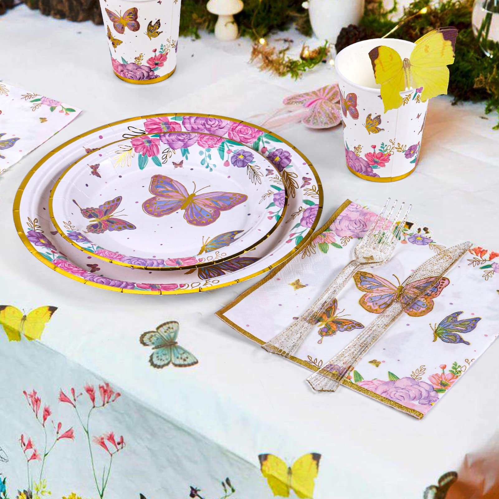 Decodinli Butterfly Party Supplies, Butterfly Birthday Party Decorations, Butterflies Plates and Napkins, Butterfly Fairy Themed Birthday Party, Baby shower Plates, Cups and Tableware Set Serves 20