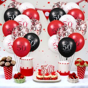 50th Latex Birthday Balloons, 16Pcs Red Black Happy 50th Birthday Balloons, Red Black 50th Birthday Party Decorations Balloons for Women Men 50th Birthday, Anniversary Decor