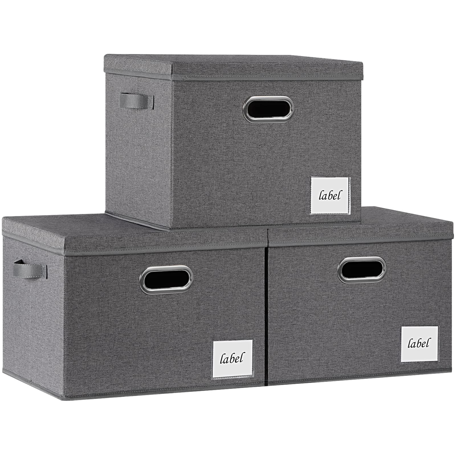 PFFVRP Extra Large Storage Bins with Lids, Foldable Fabric Storage Baskets with Lids, Sturdy Storage Boxes with Labels and 3 Handles for Closet Home Bedroom Office (Grey)