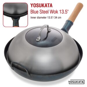 YOSUKATA Wok Lid 12.8 In - Premium Stainless Wok Cover with Tempered Glass Insert Steam Holes and Ergonomic Handle - Durable Wok Accessories - Dishwasher-Safe Lid for 13.5-In Wok for Asian Cooking