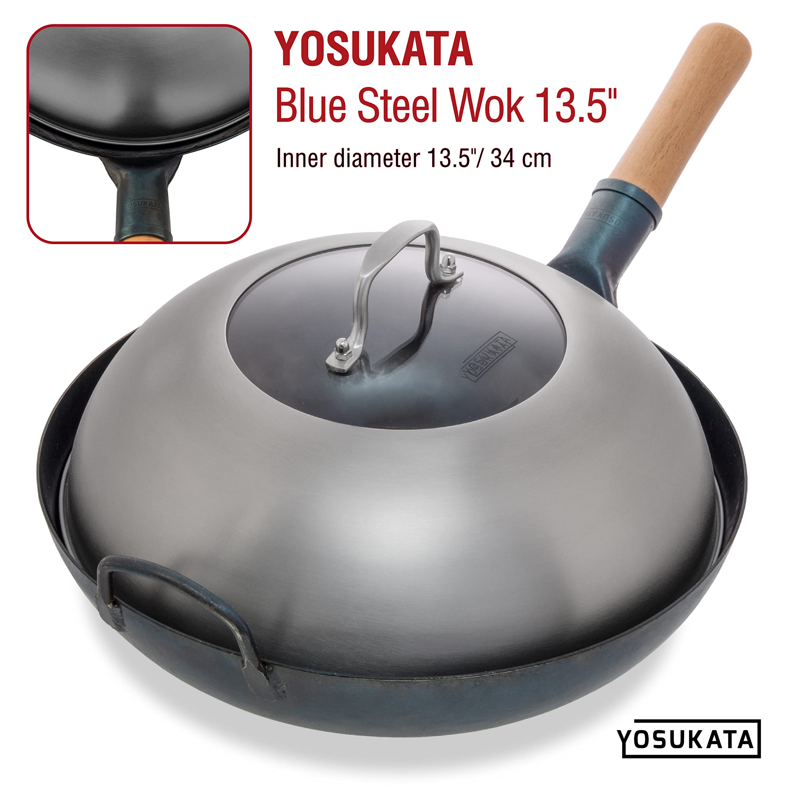 YOSUKATA Wok Lid 12.8 In - Premium Stainless Wok Cover with Tempered Glass Insert Steam Holes and Ergonomic Handle - Durable Wok Accessories - Dishwasher-Safe Lid for 13.5-In Wok for Asian Cooking