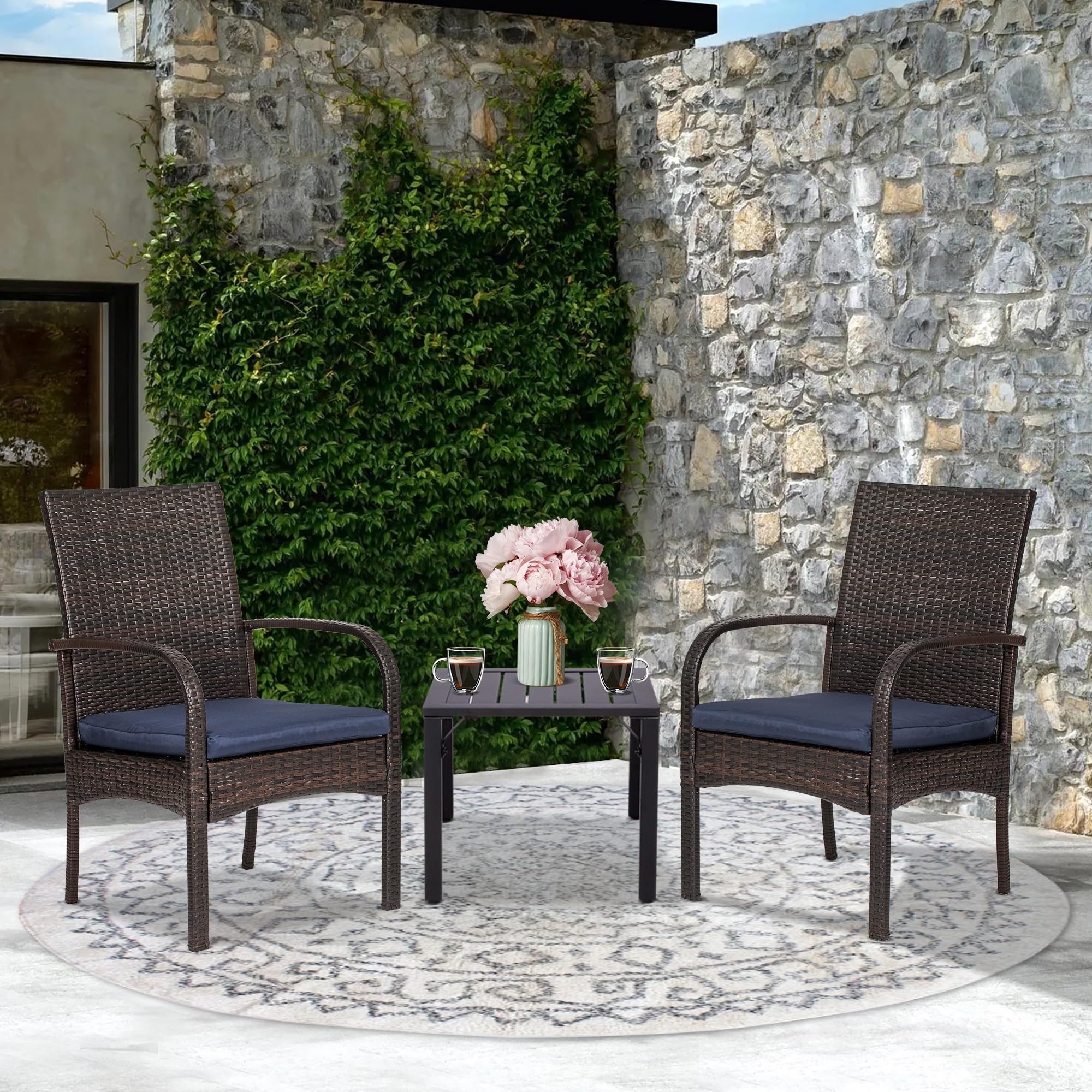 SAILARY 3-Piece Patio Bistro Set, Outdoor Garden Furniture Set: Square Metaltop Table & 2 Garden Wicker Chairs