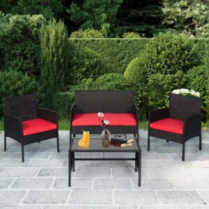 Tappio 4 Piece Patio Conversation Wicker Furniture Set, Outdoor PE Rattan Chair Wicker Sofa Sectional Furniture Set, Porch Furniture Set for Garden Yard Porch