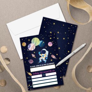 Disfuco Outer Space Birthday Party Invitations - Galaxy Space Party Supplies - Fill in The Blank Birthday Party Invites - 20 Invitation Cards With 20 Envelopes (B10)