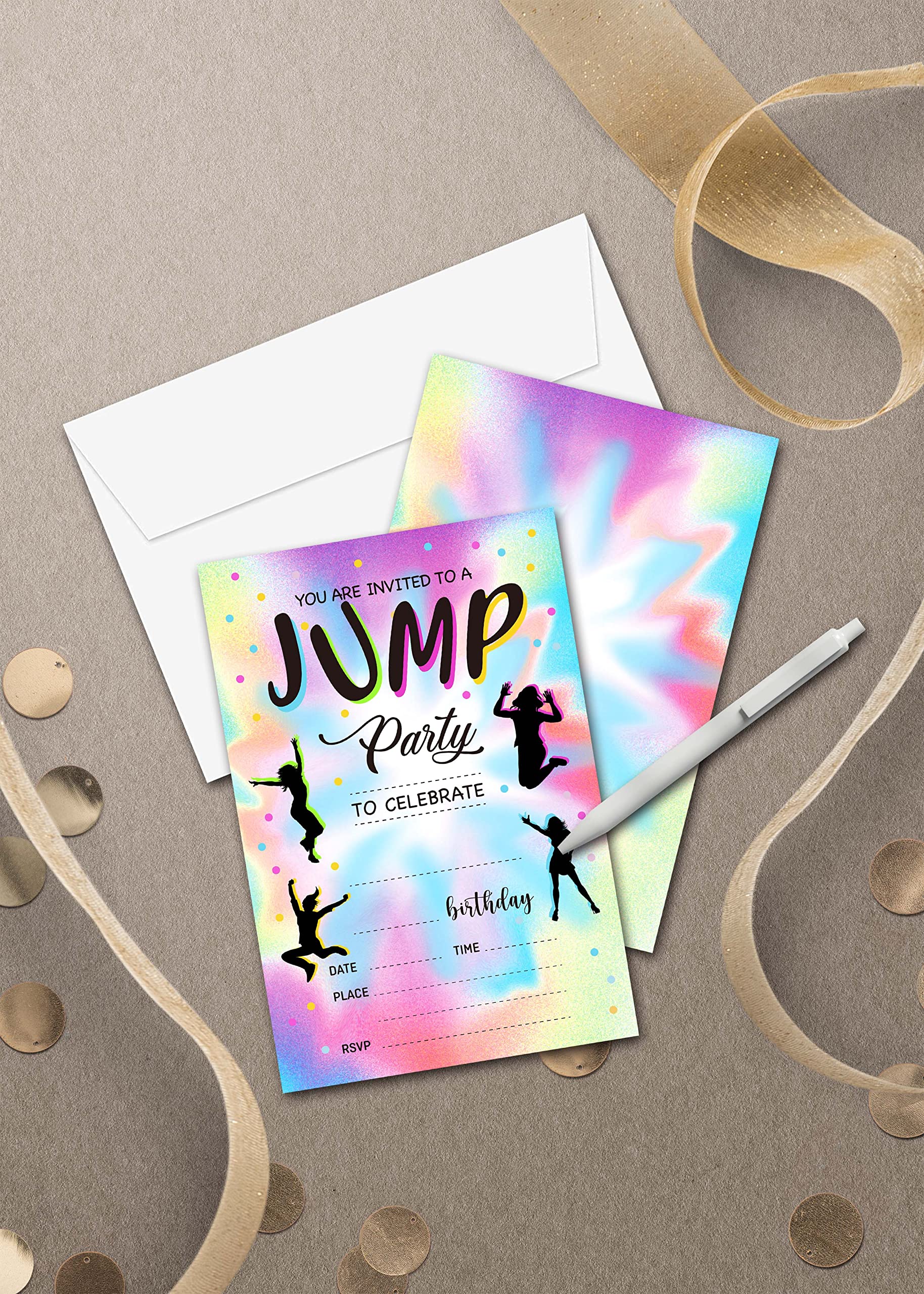 Disfuco Trampoline Jump Birthday Party Invitations - Trampoline Bounce Party Supplies - Fill in The Blank Birthday Party Invites - 20 Invitation Cards With 20 Envelopes (B1)