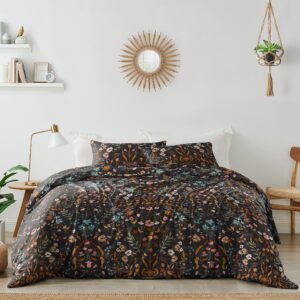 sweet jojo designs boho bohemian farmhouse black and orange wildflower garden floral duvet comforter cover and sham 3pc king size bed bedding set bedroom botanical cottagecore flower vintage turquoise