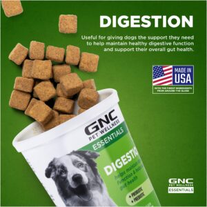 GNC Pets Essentials Digestion Supplements for All Dogs 60ct 2.2g Soft Chews Bacon Flavor 12oz Reusable Container | Daily Supplements for Dogs Digestion (FF15595)