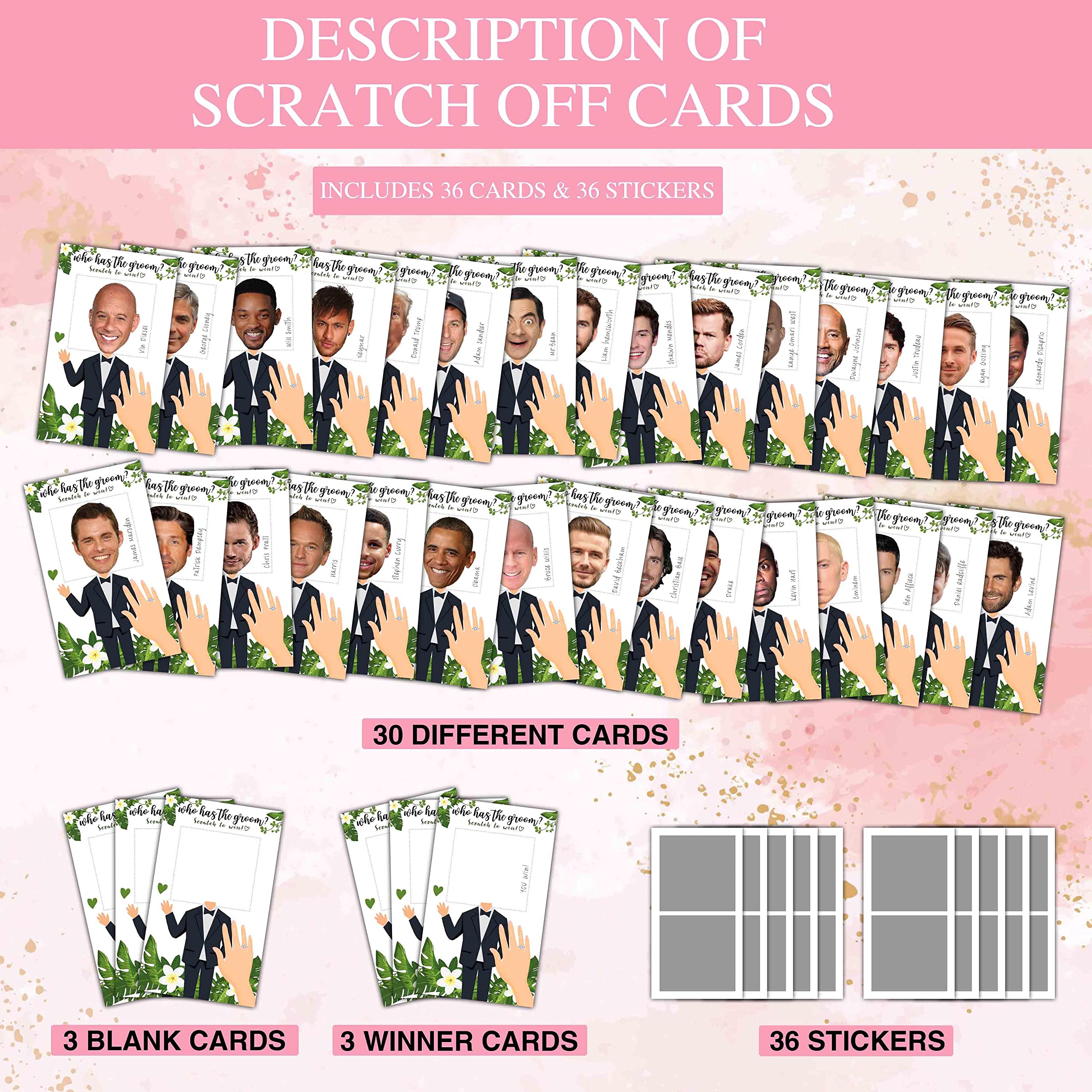 Bridal Shower Games - Who Has The Groom Scratch Off Celebrity Cards - Elegant Greenery Floral Bachelorette Party Game Favor Decor- Wedding / Engagement Party Ideas Activities - 36 Mini Size Cards(04)