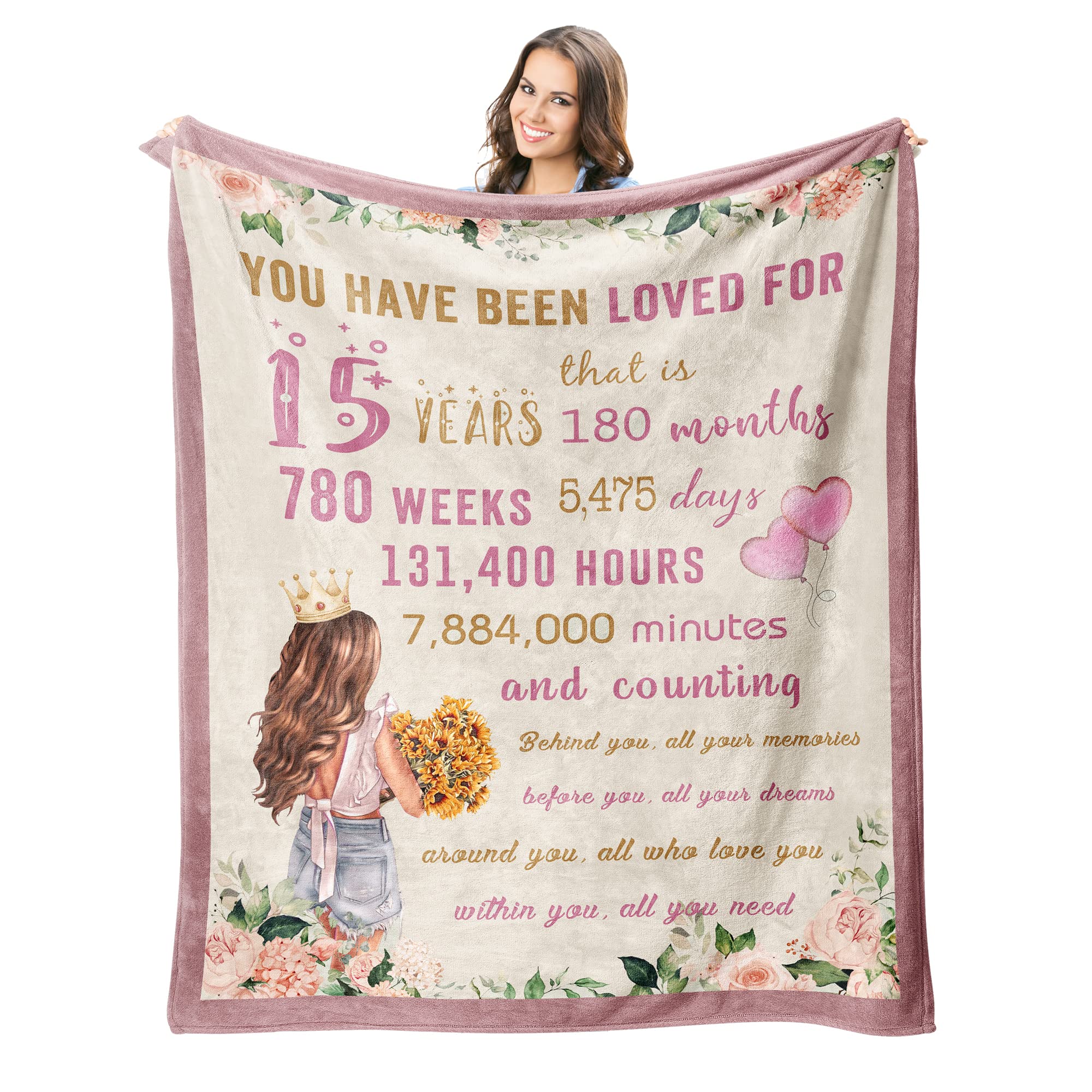 Peliny Chrid Quinceanera Gifts Blanket - 15 Year Old Girl Gifts for Birthday - 15th Birthday Gifts for Teen Girls Throws 60"X50" - 15th Birthday Decorations for Girls - 15 Year Old Girl Gift Ideas