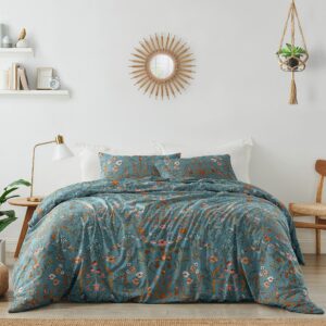 boho bohemian farmhouse teal blue and orange wildflower garden floral duvet comforter cover and sham 3 pc king size bed bedding set bedroom flower botanical cottagecore patterned vintage turquoise