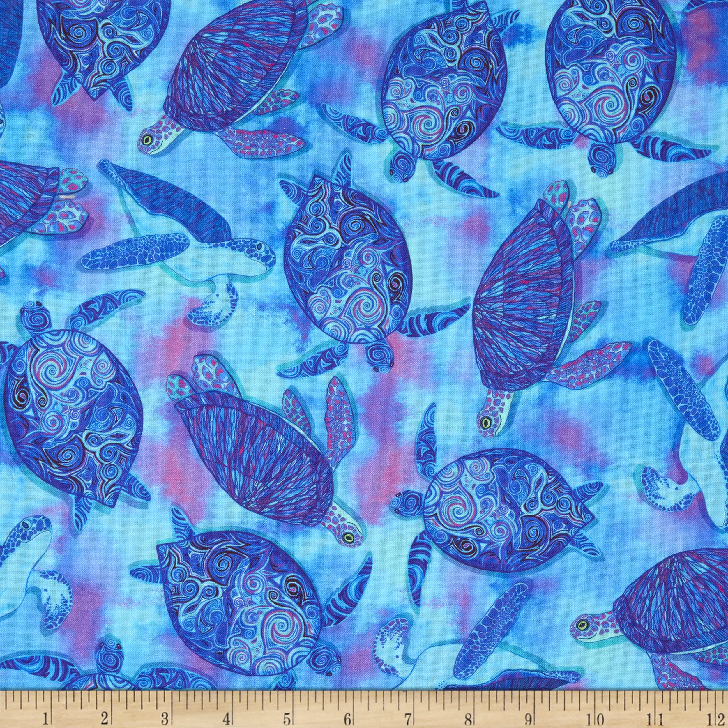 Timeless Treasures Digital Prismatic Moonlit Glow Turtles Turq, Fabric by The Yard