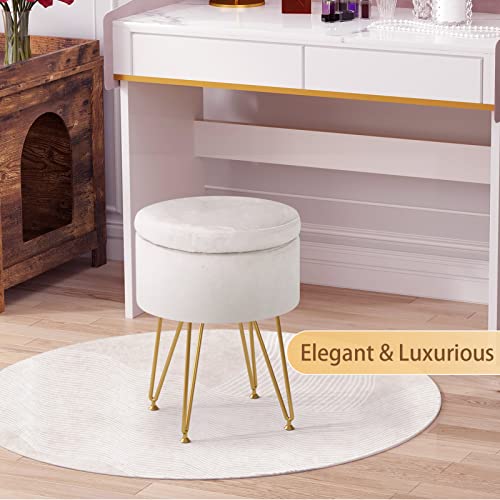 RunLexi Storage Ottoman, Round Footrest Stool Ottoman with Removable Cover & Adjustable Legs, Dutch Velvet Vanity Stool, Soft Padded Seat, Modern Decorative Accent Stool for Makeup, Bedroom, White