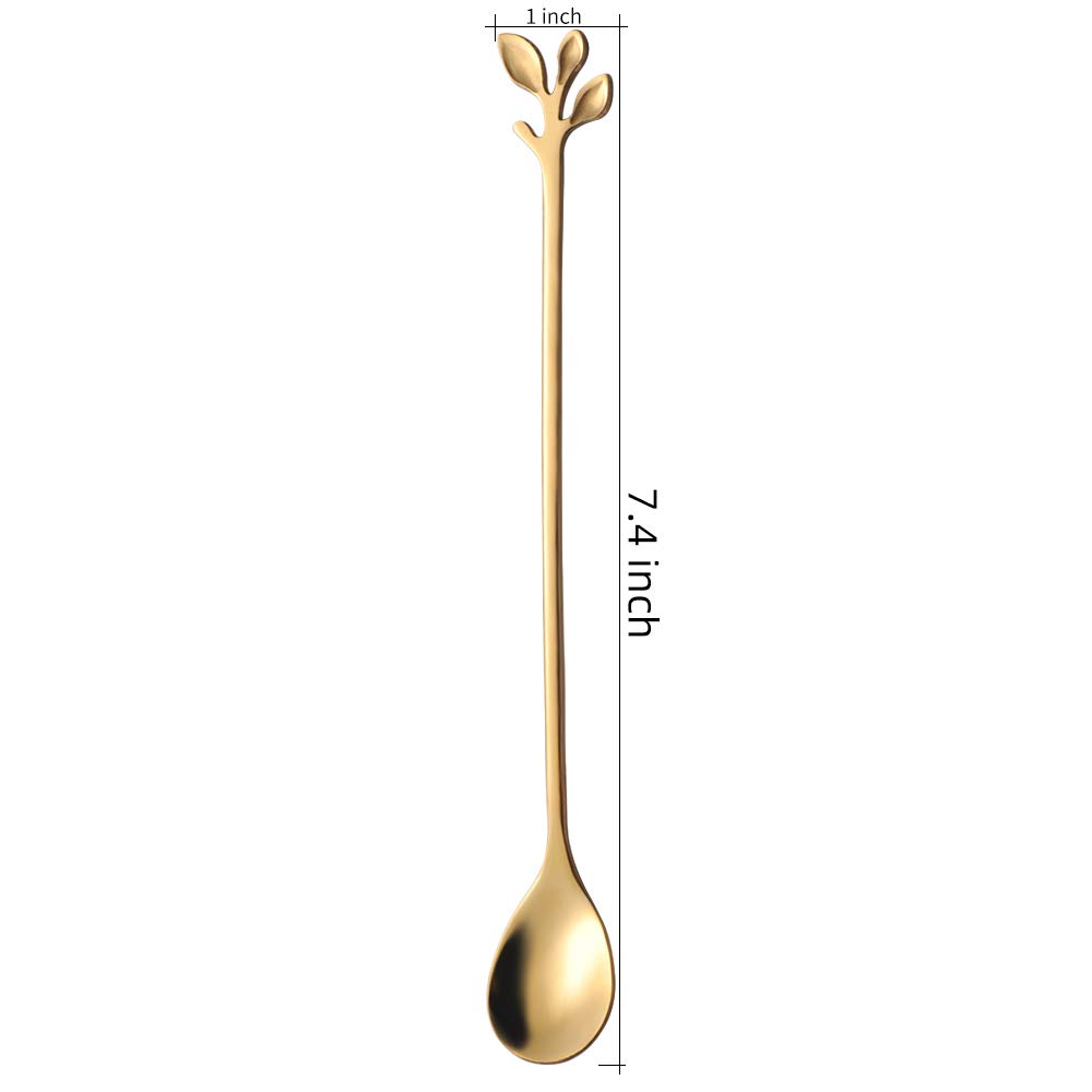 AnSaw 10-Piece 7.4" Long Handle Teaspoons - Gold Leaf Design for Coffee & Tea Stirring Spoons, Elegant Stainless Steel Stir Spoons