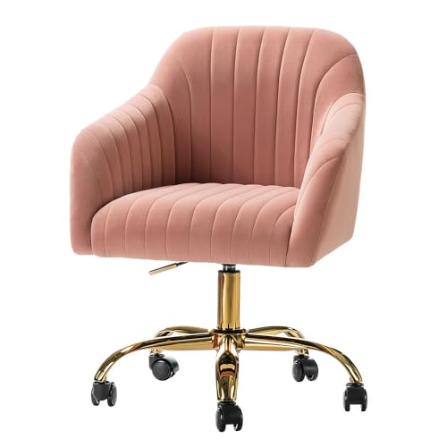 HULALA HOME Velvet Home Office Desk Chair, Modern Cute Computer Task Chair, Wheels Swivel Height Adjustable Upholstered Vanity Chair for Women, Girls (Gold Base, Pink)