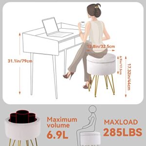 RunLexi Storage Ottoman, Round Footrest Stool Ottoman with Removable Cover & Adjustable Legs, Dutch Velvet Vanity Stool, Soft Padded Seat, Modern Decorative Accent Stool for Makeup, Bedroom, White