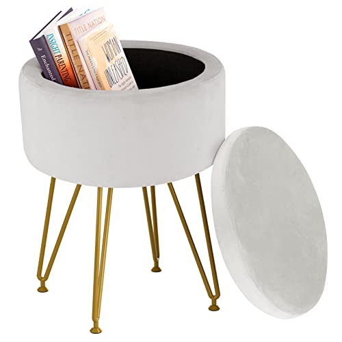 RunLexi Storage Ottoman, Round Footrest Stool Ottoman with Removable Cover & Adjustable Legs, Dutch Velvet Vanity Stool, Soft Padded Seat, Modern Decorative Accent Stool for Makeup, Bedroom, White