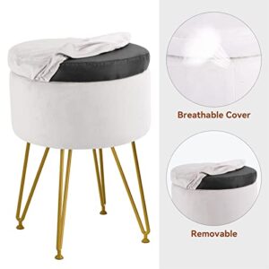 RunLexi Storage Ottoman, Round Footrest Stool Ottoman with Removable Cover & Adjustable Legs, Dutch Velvet Vanity Stool, Soft Padded Seat, Modern Decorative Accent Stool for Makeup, Bedroom, White