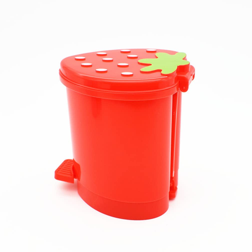 Mini Desktop Wastebasket with Lid Small Strawberry Countertop Trash Can Tiny Plastic Garbage Bin for Office Bathroom Bedroom Makeup Waste Red