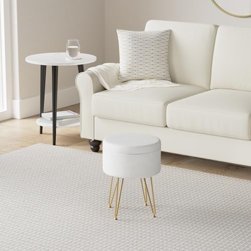 RunLexi Storage Ottoman, Round Footrest Stool Ottoman with Removable Cover & Adjustable Legs, Dutch Velvet Vanity Stool, Soft Padded Seat, Modern Decorative Accent Stool for Makeup, Bedroom, White