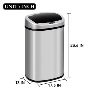 GINMAON Trash Can 13 Gallon Automatic Stainless Steel Garbage Can with Lid, Large Capacity Brushed Trash Bin Motion Sensor Metal Rubbish Can for Kitchen Office Bedroom, Silver