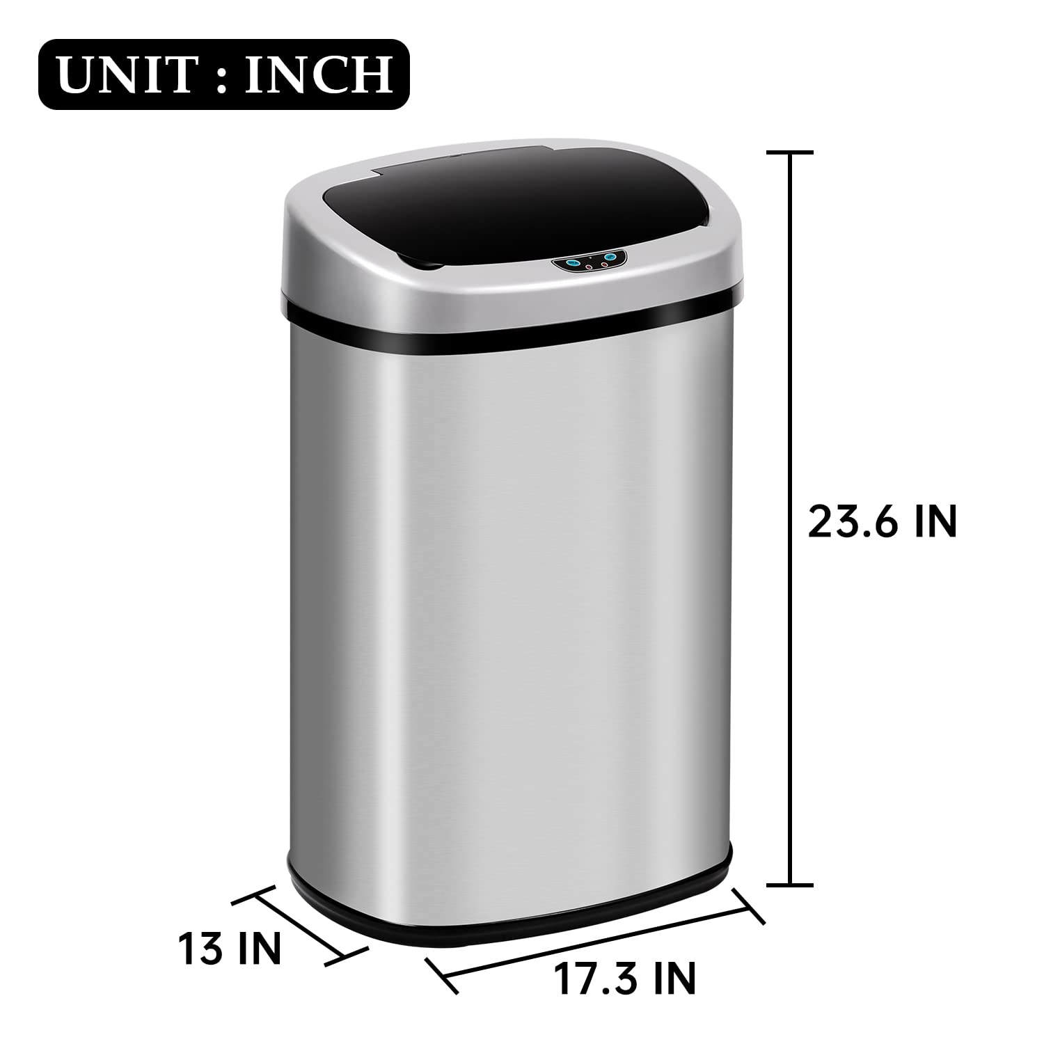 GINMAON Trash Can 13 Gallon Automatic Stainless Steel Garbage Can with Lid, Large Capacity Brushed Trash Bin Motion Sensor Metal Rubbish Can for Kitchen Office Bedroom, Silver