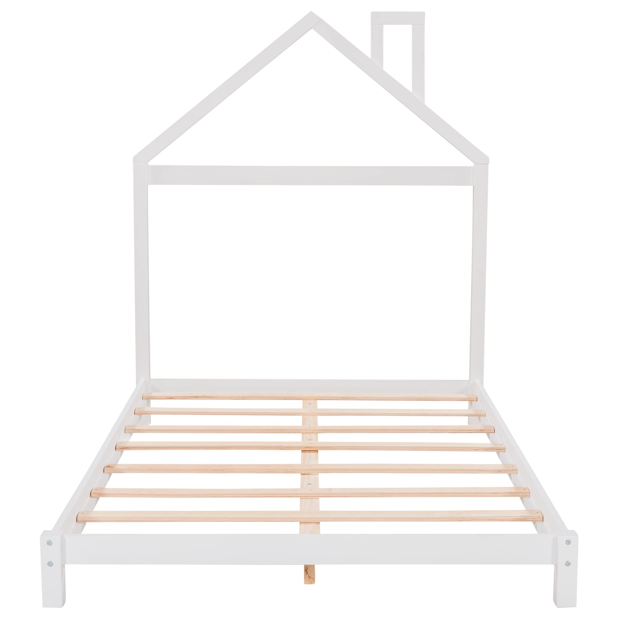 Full Size House Platform Bed Frame Mattress Foundation with Headboard/No Box Spring Needed/Easy Assembly, White