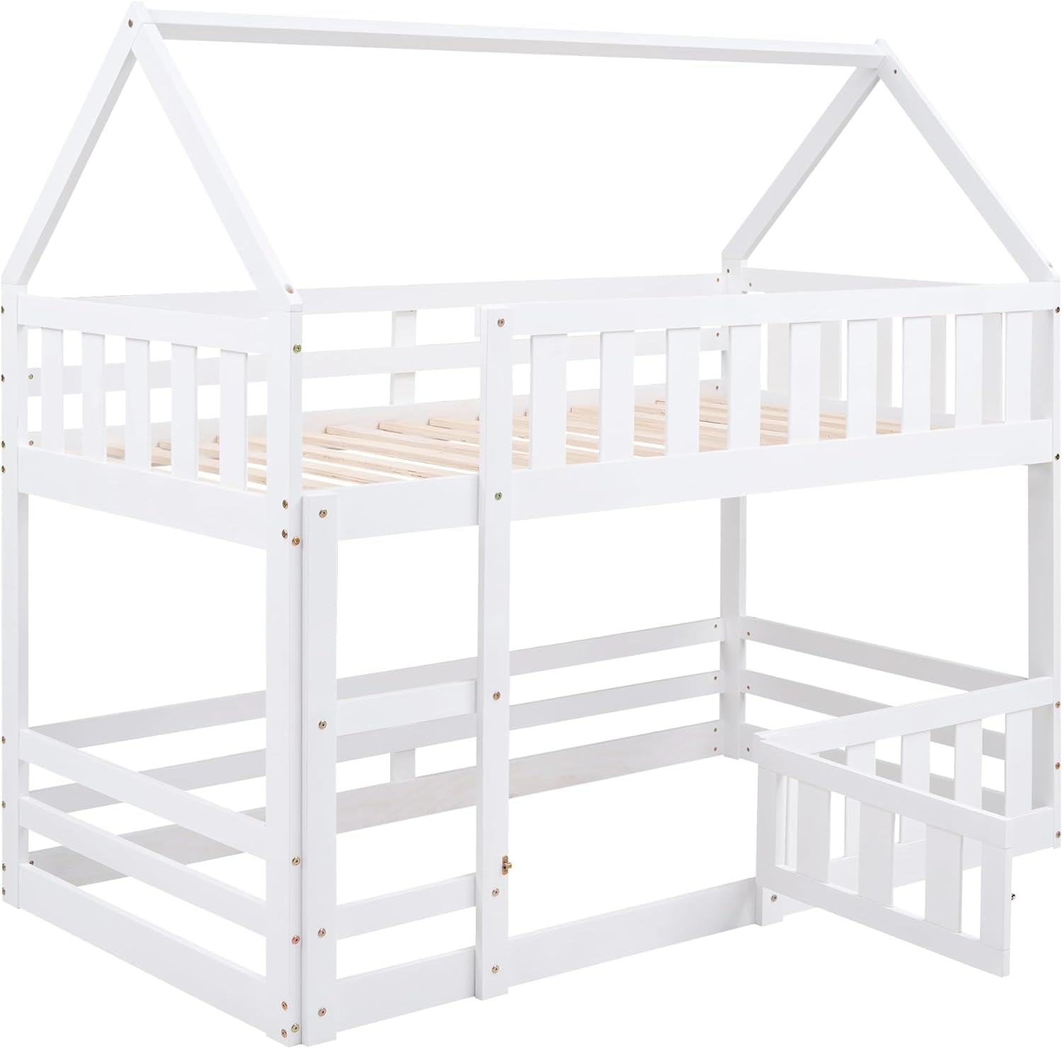 MERITLINE House Bunk Bed with Fence and Door, Wood Kids Bunk Beds Twin Over Twin with Roof, Floor Bunk Bed Loft Beds for Girls Boys, Easy Assembly, White