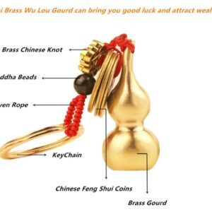 3 Pieces Gourd Brass Keychains,Feng Shui Luck Coins with Brass Calabash Wu Lou Key Ring for Good Luck , Wealth Success & Longevity , Blessing Paper in it, Gold, 2x2x4 inches