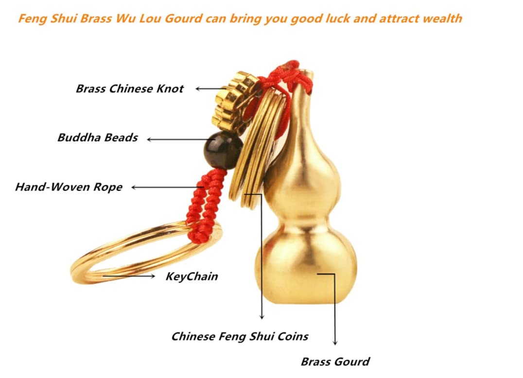 3 Pieces Gourd Brass Keychains,Feng Shui Luck Coins with Brass Calabash Wu Lou Key Ring for Good Luck , Wealth Success & Longevity , Blessing Paper in it, Gold, 2x2x4 inches