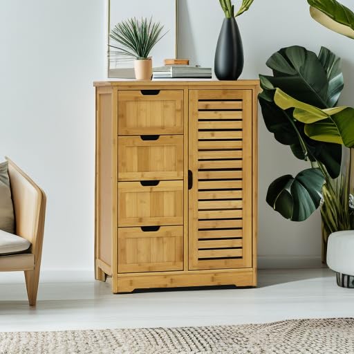 MUPATER Small Storage Cabinet Bamboo with 4 Drawers and 1 Cupboard, Freestanding Compact Floor Cabinet Bamboo for Entryway and Bathroom, Natural