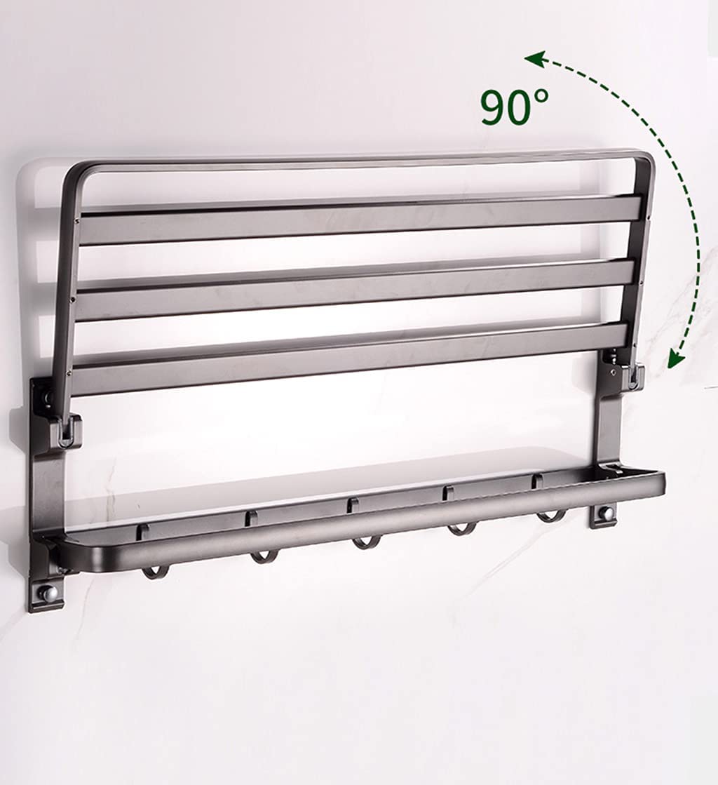 LUOFDCLDDD Towel Shelf, Multi-Function Towel Rack with Storage, Suskitchen Towel Holder,Wall Mounted Bath Towel Rail Bar with 5 Hooks,Metal Gray, 60Cm/23.6In