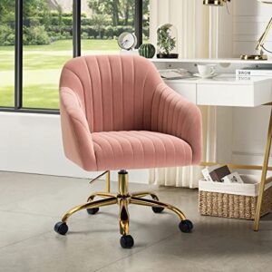 hulala home velvet home office desk chair, modern cute computer task chair, wheels swivel height adjustable upholstered vanity chair for women, girls (gold base, pink)