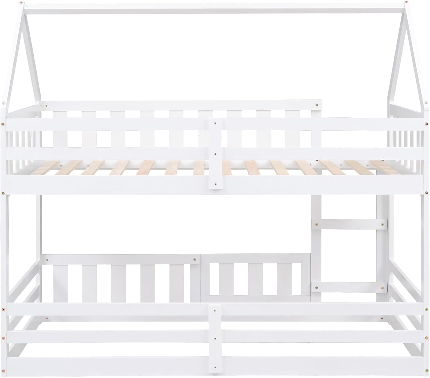 MERITLINE House Bunk Bed with Fence and Door, Wood Kids Bunk Beds Twin Over Twin with Roof, Floor Bunk Bed Loft Beds for Girls Boys, Easy Assembly, White